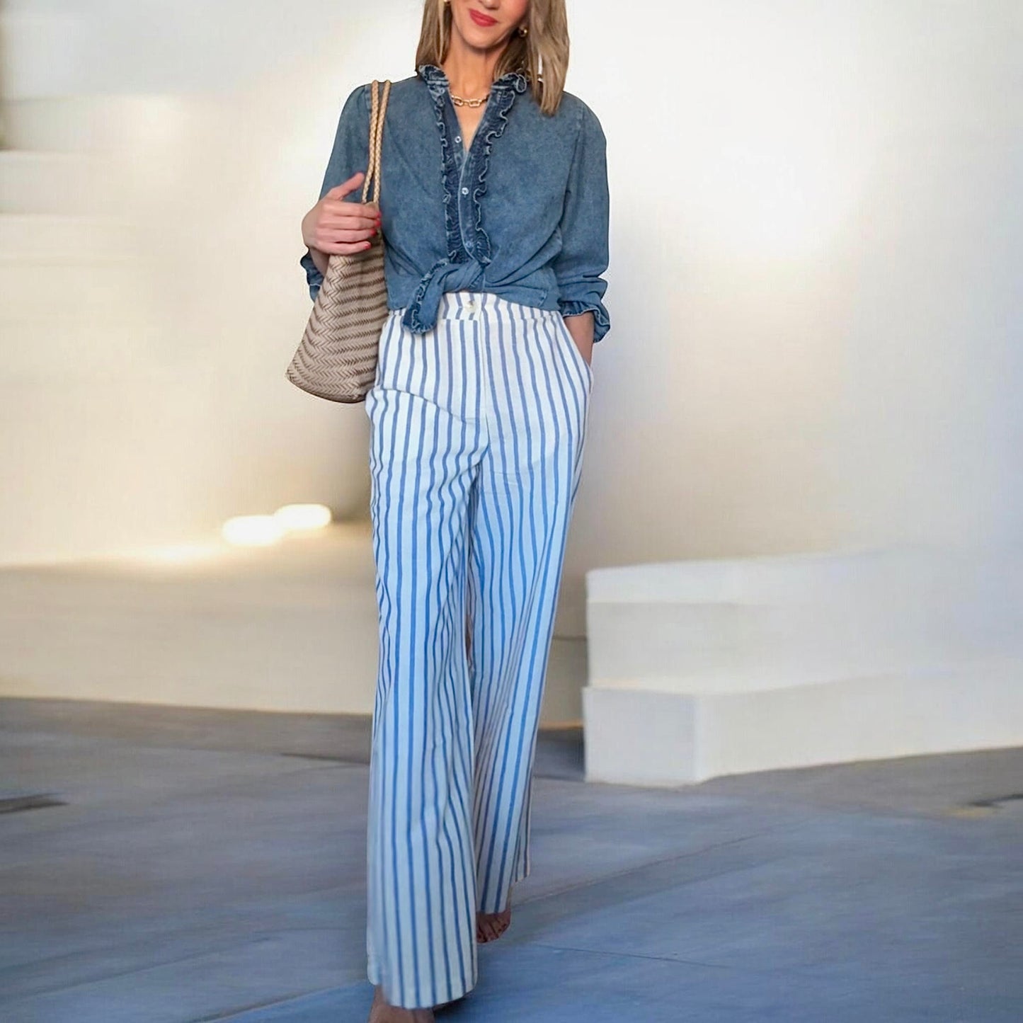 Pantalón fino rayas azul celeste&blanco