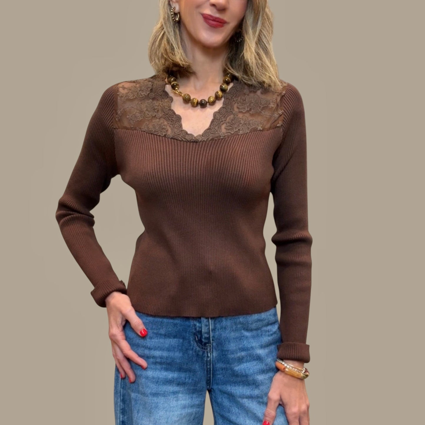 Jersey canalé encaje marrón