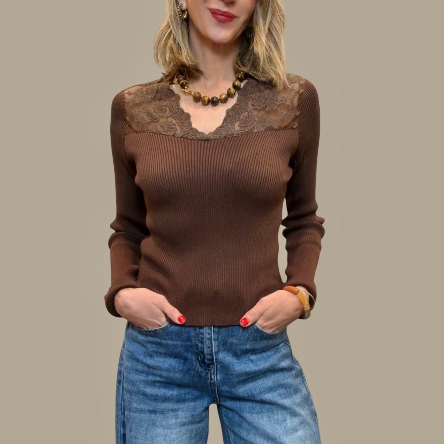 Jersey canalé encaje marrón