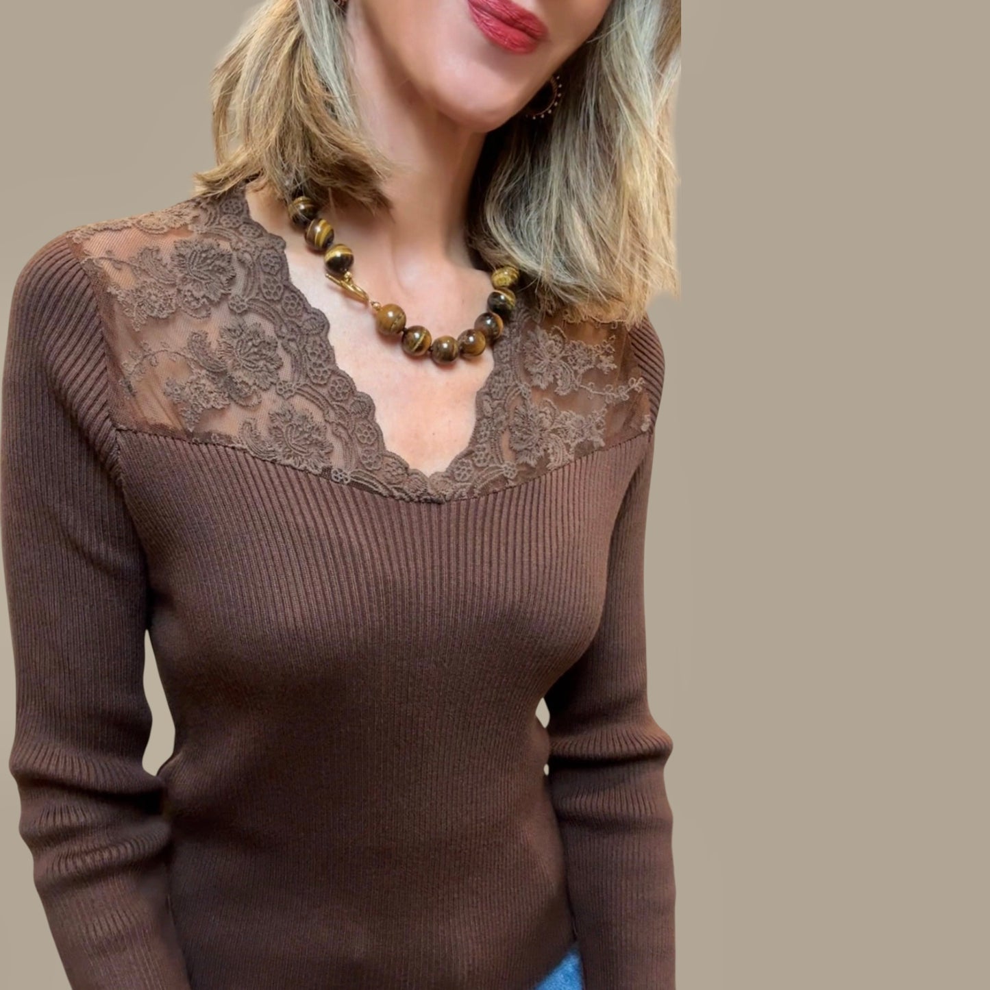 Jersey canalé encaje marrón