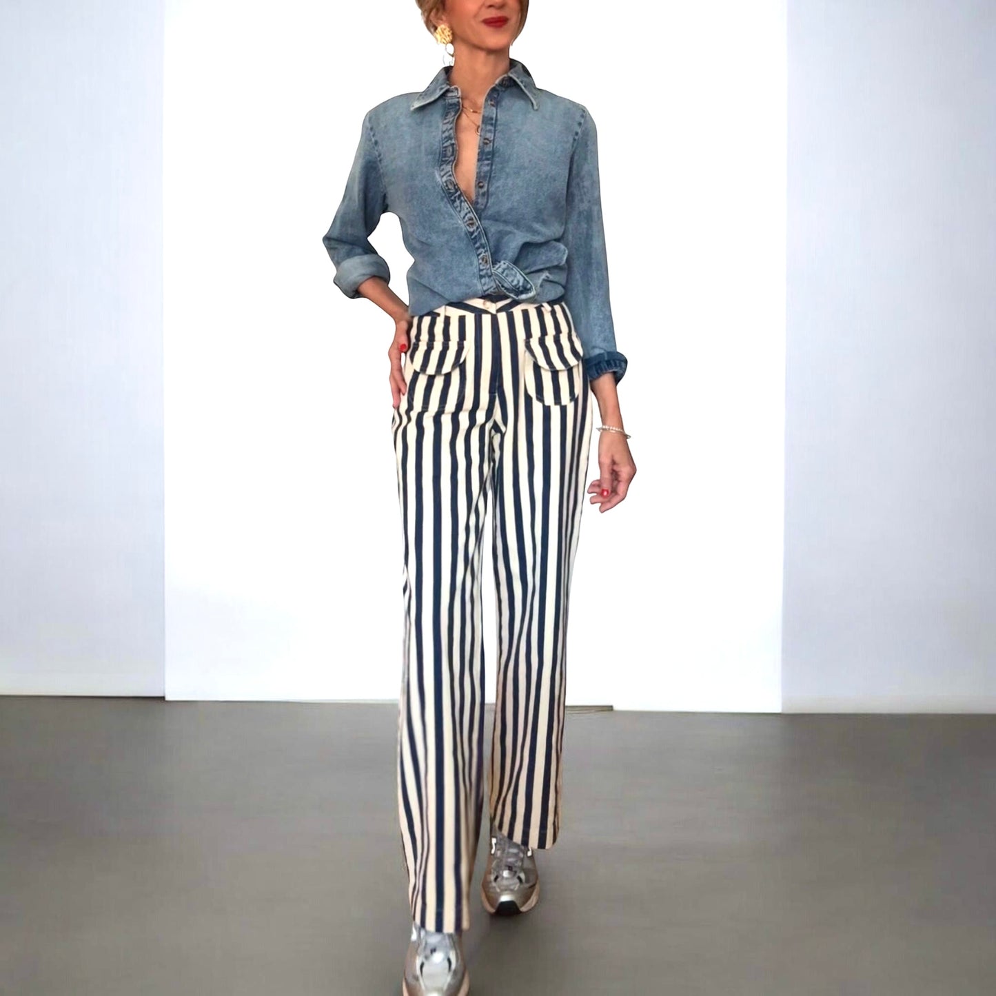 Pantalón rayas azul marino& beige