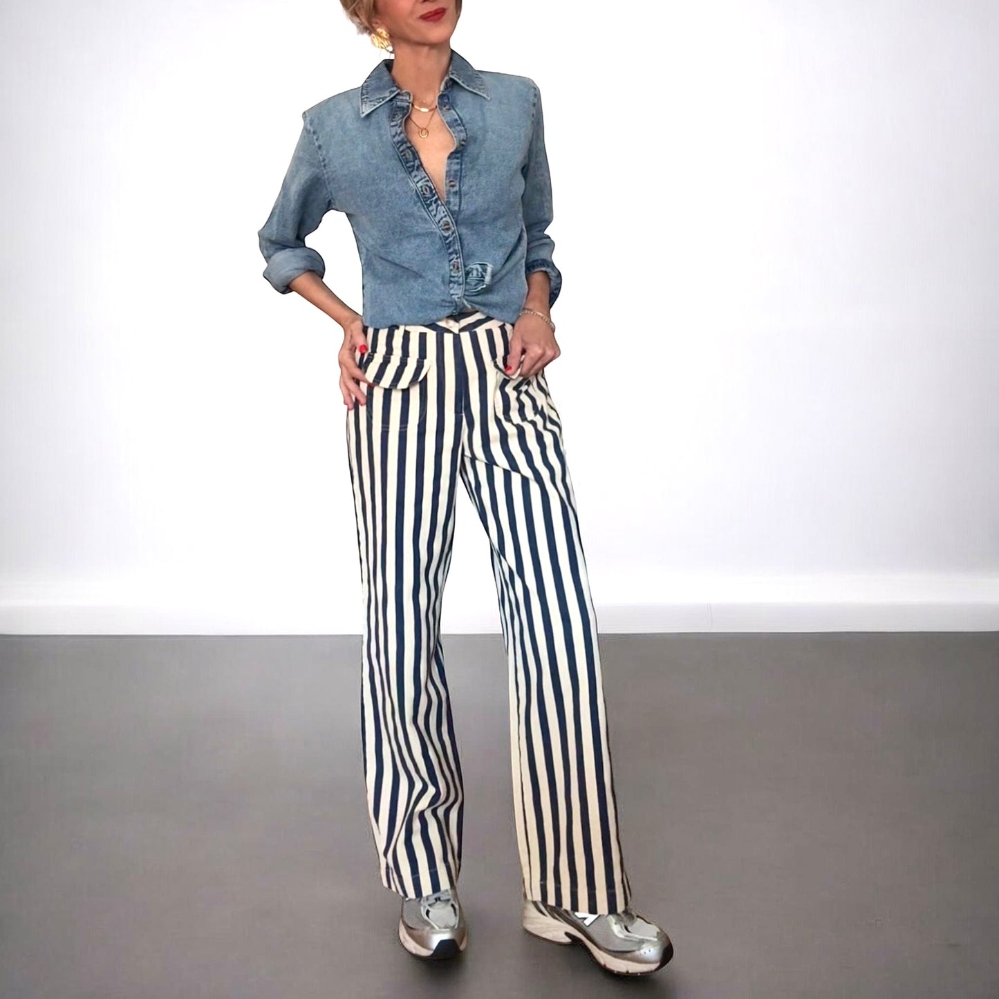 Pantalón rayas azul marino& beige