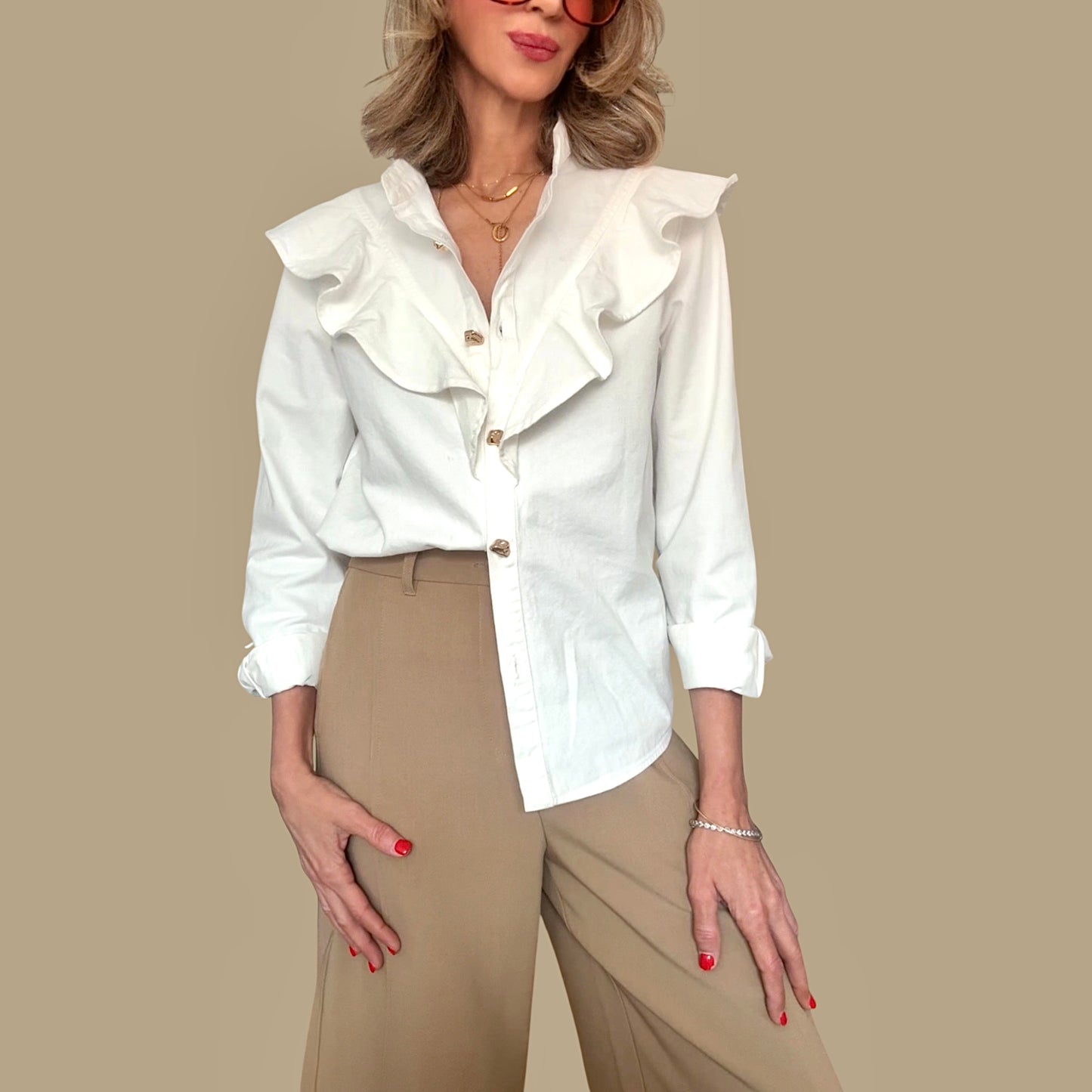 Camisa denim volantes blanca