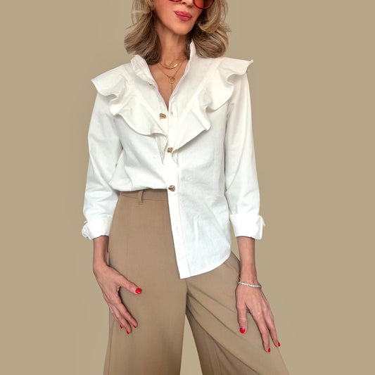 Camisa denim volantes blanca