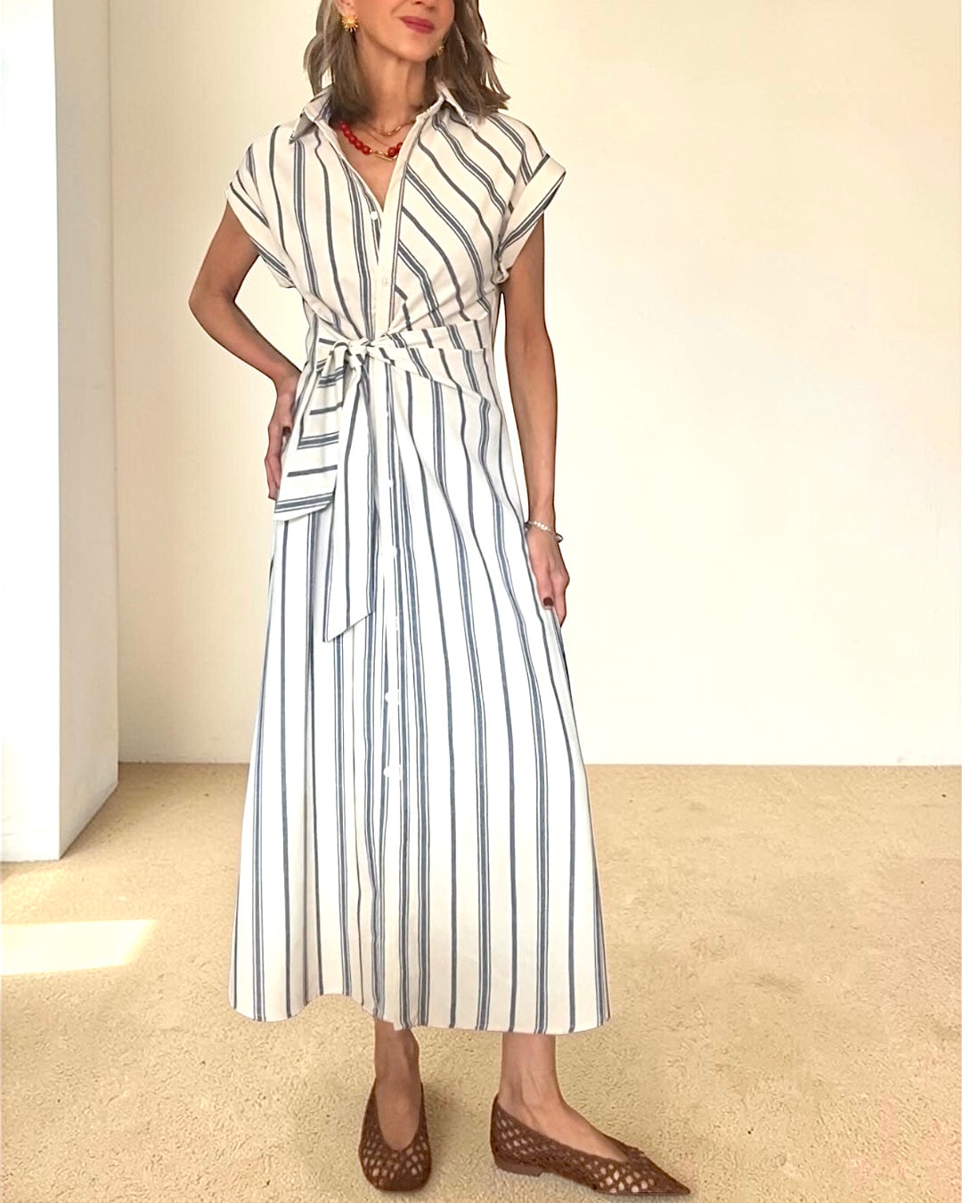 Vestido lazada rayas azul& beige