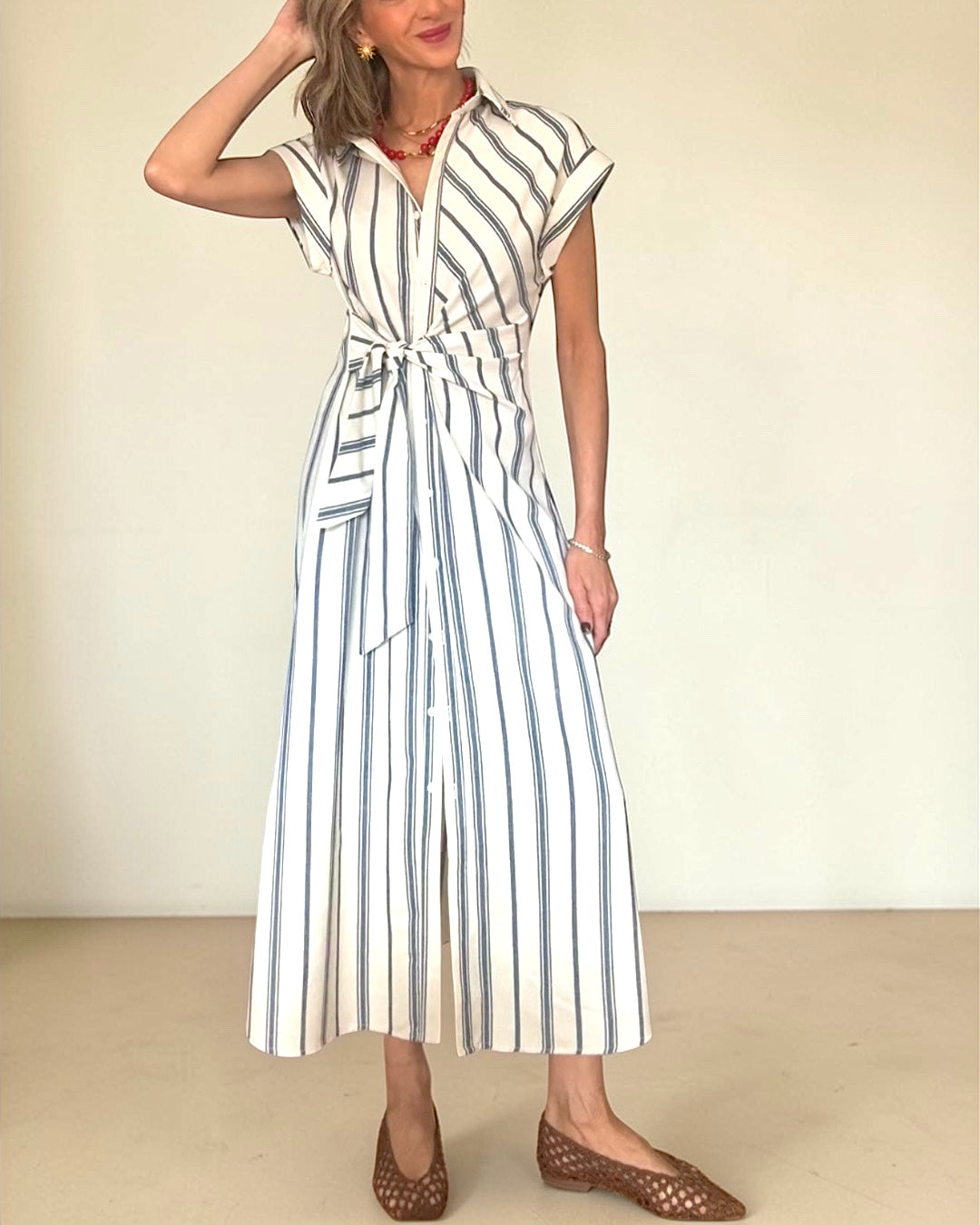 Vestido lazada rayas azul& beige