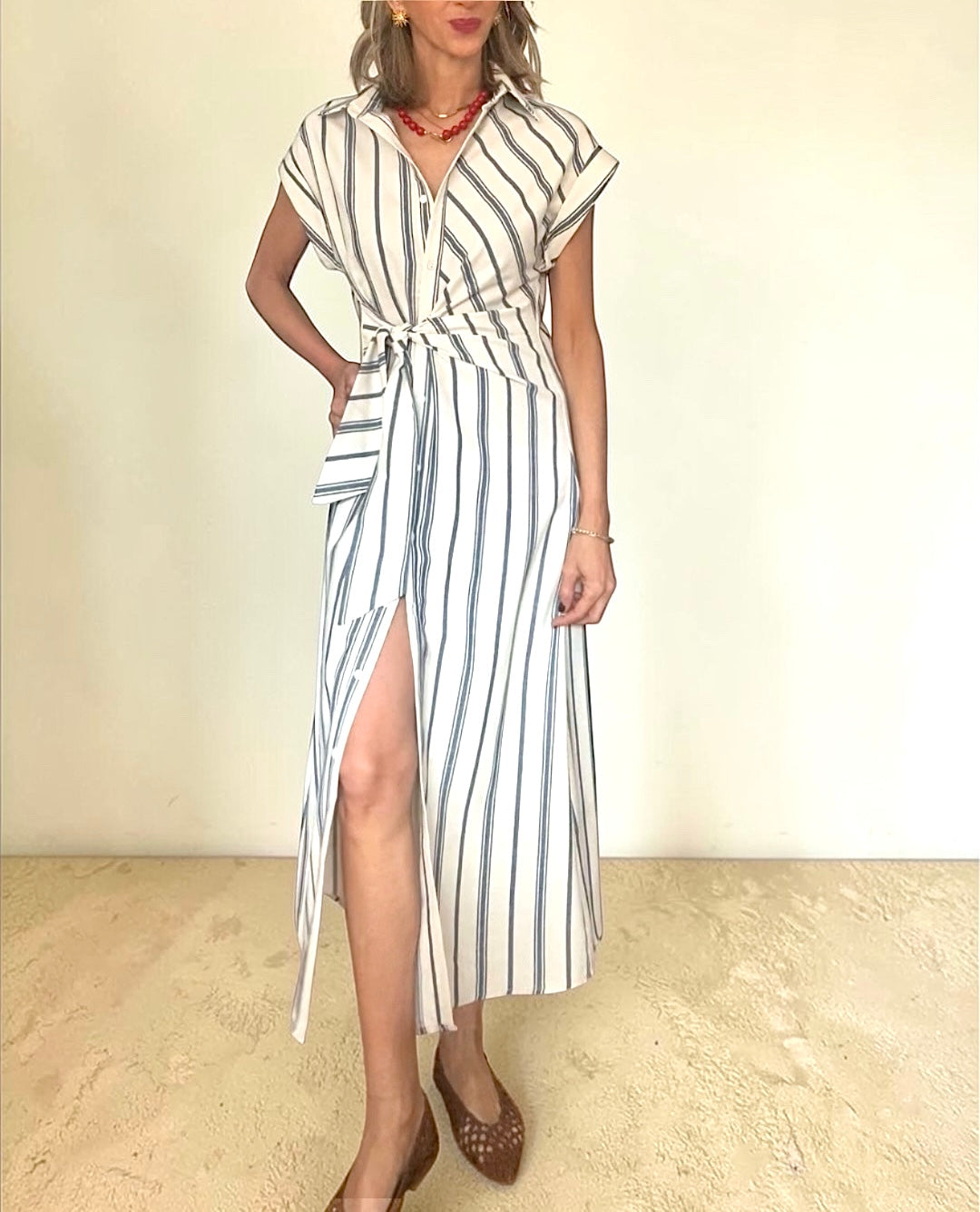 Vestido lazada rayas azul& beige