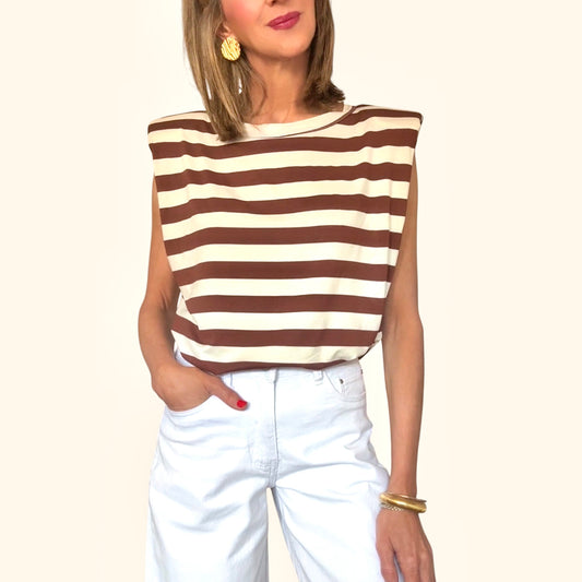 Camiseta hombreras rayas marrón &beige