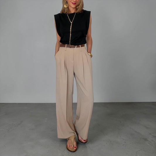 Pantalón pinzas fluido beige