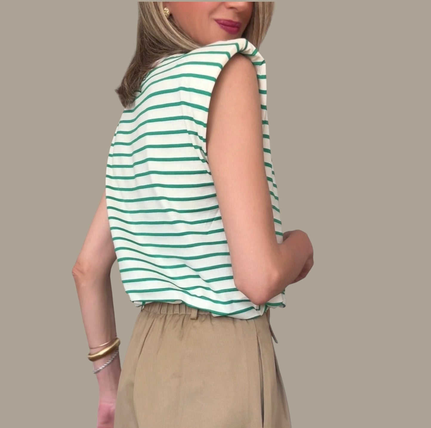 Camiseta hombreras  rayas verde& blanco