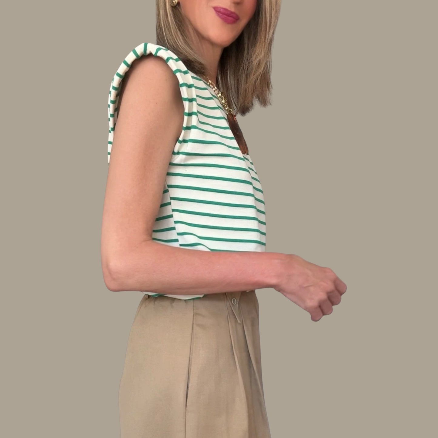 Camiseta hombreras  rayas verde& blanco