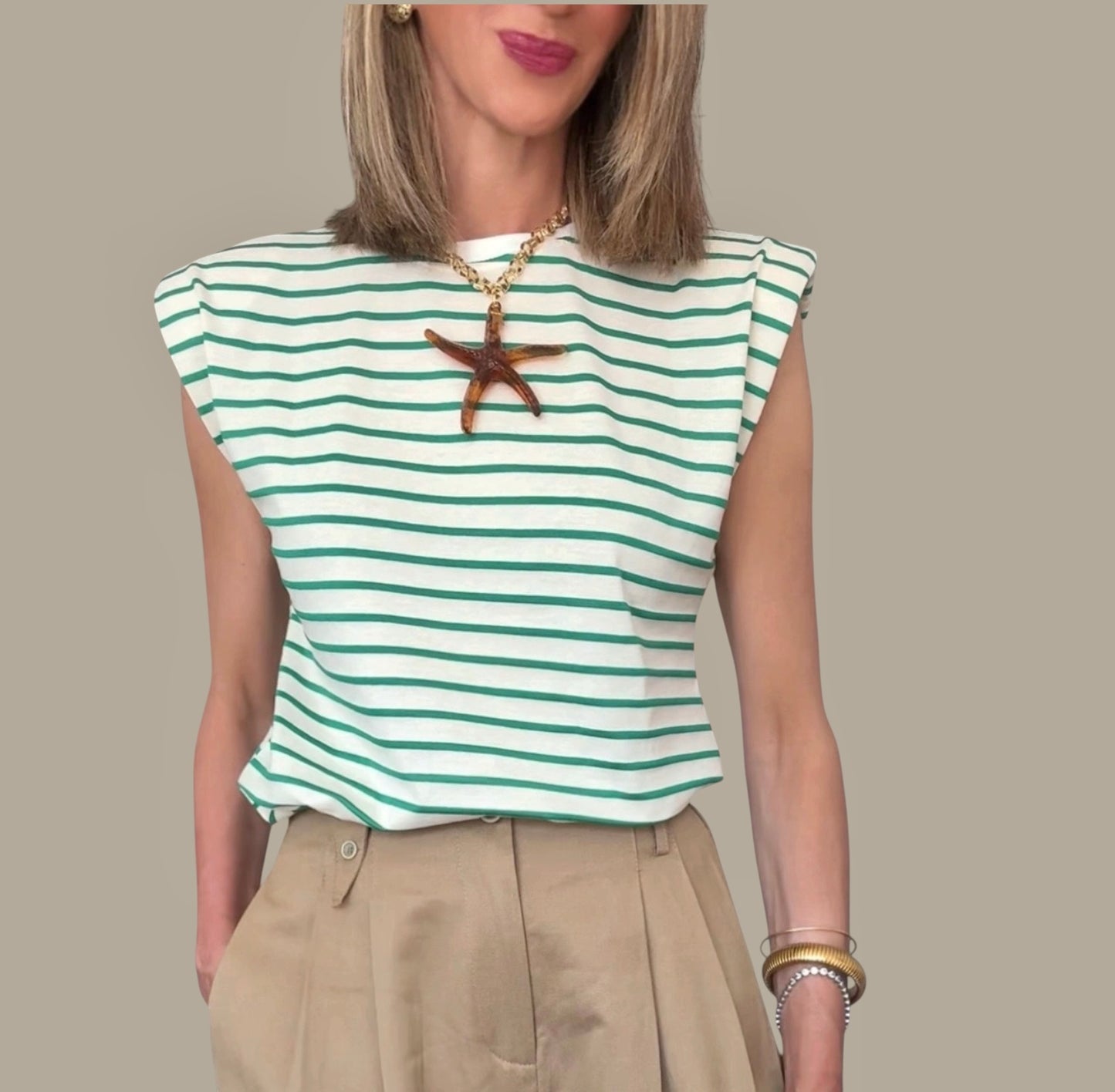 Camiseta hombreras  rayas verde& blanco