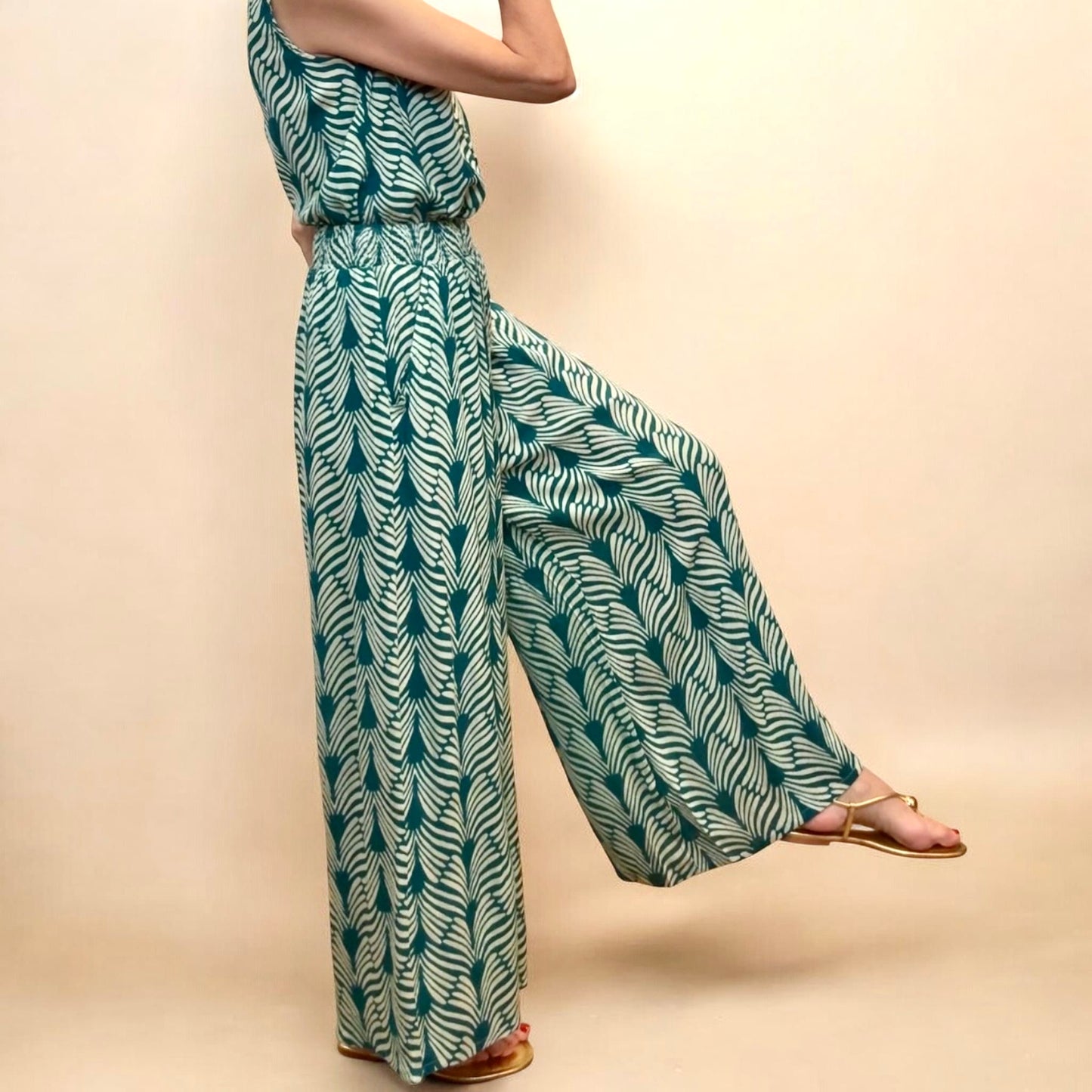 Pantalón estampado turquesa& beige claro