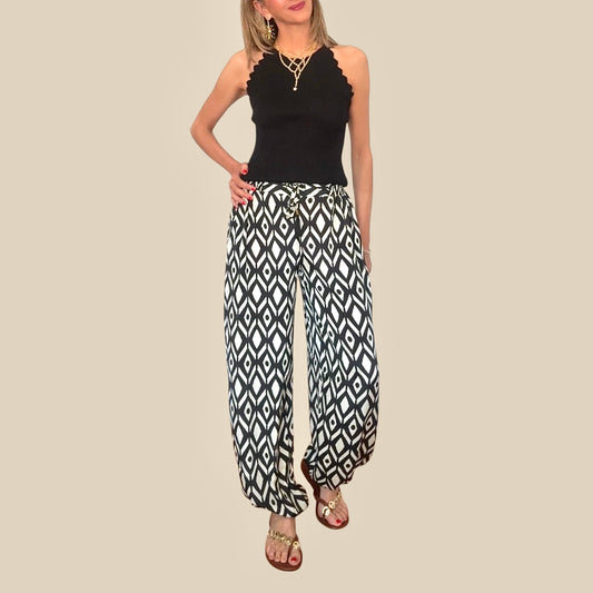 Pantalón fluido bombacho negro& beige