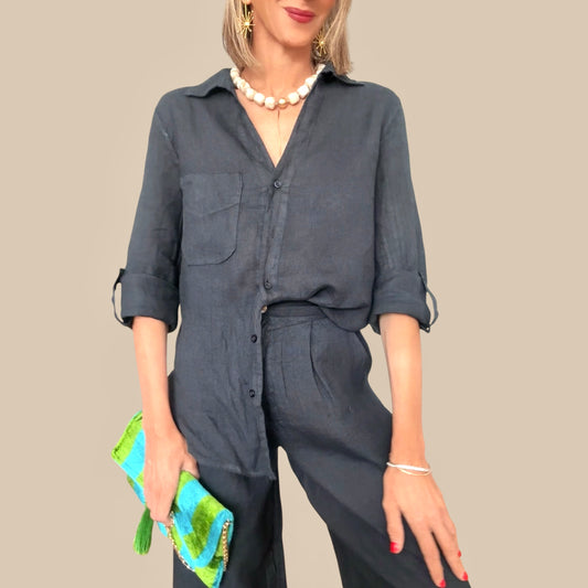 Camisa lino azul marino