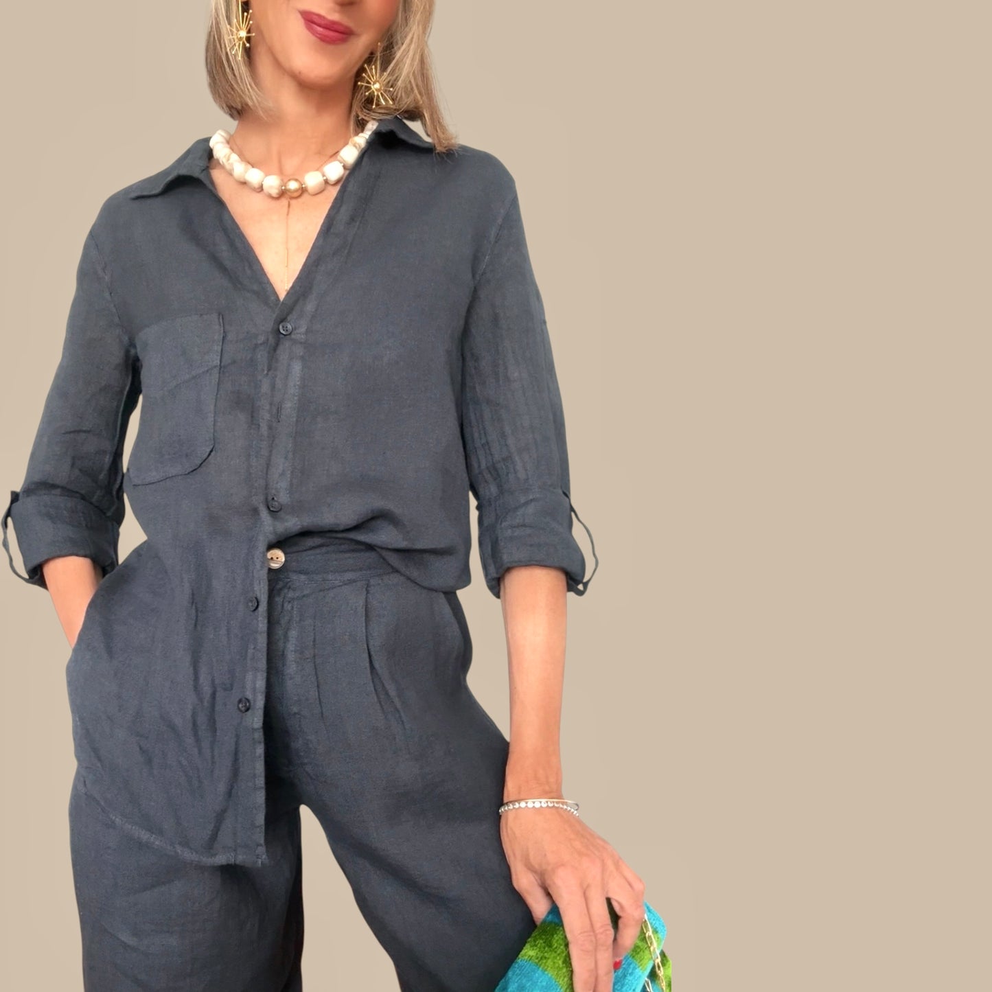 Camisa lino azul marino