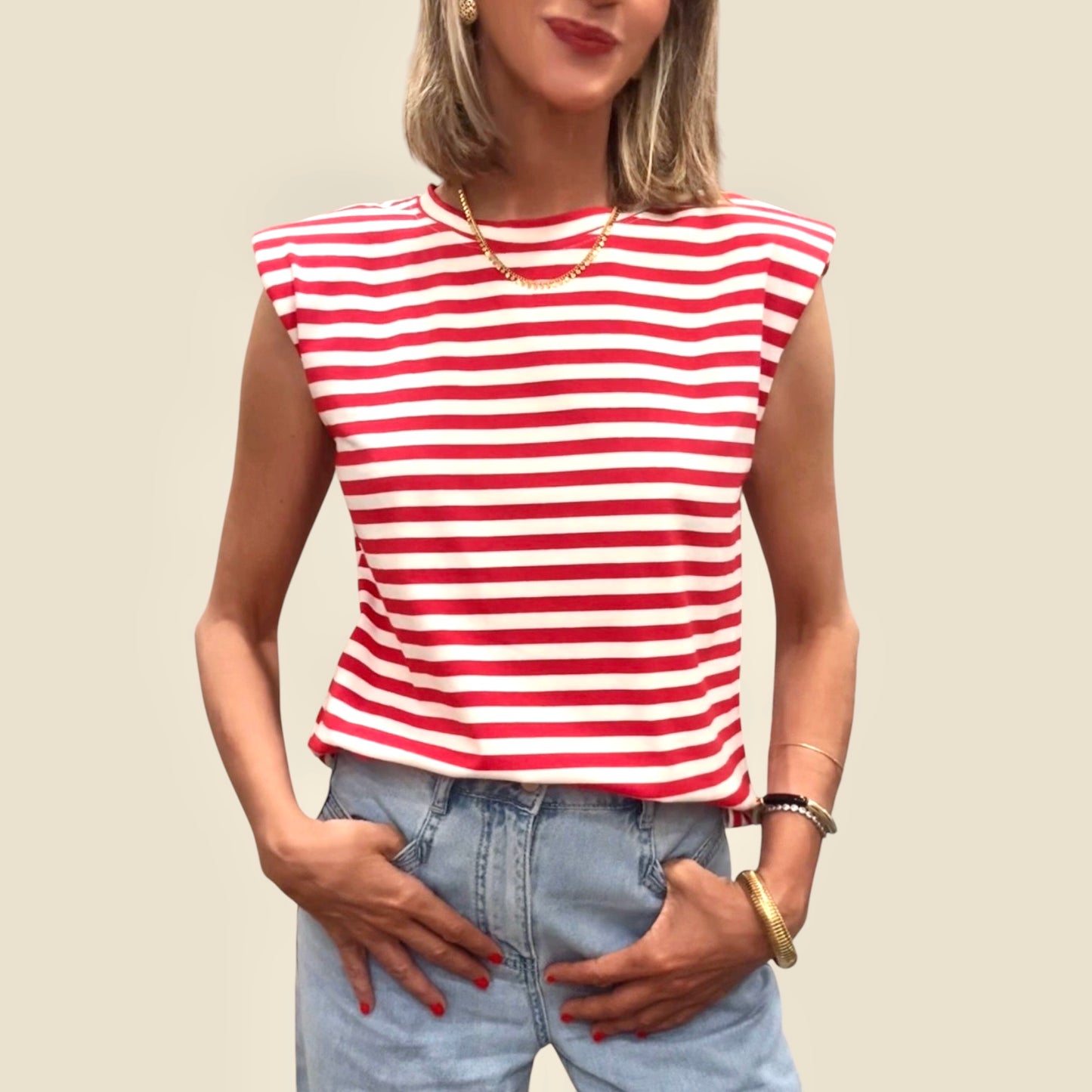 Camiseta rayas hombreras rojo&blanco