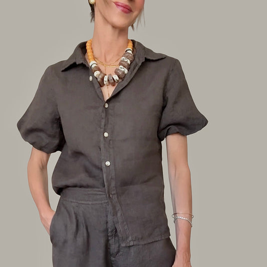 Camisa manga corta lino marrón