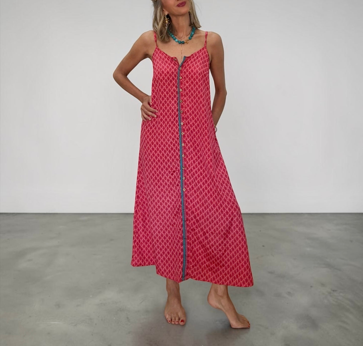 Vestido seda fucsia&turquesa