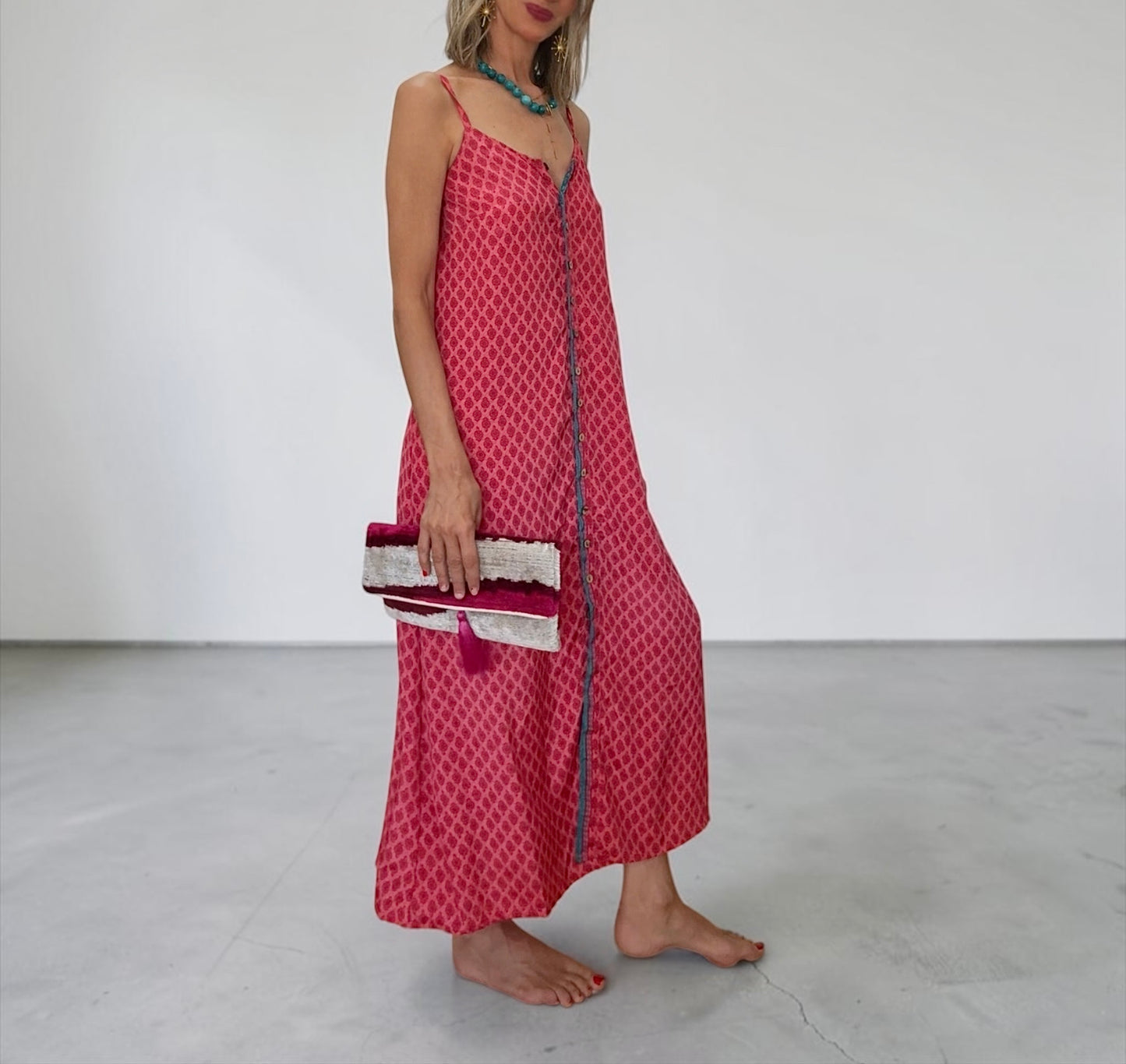 Vestido seda fucsia&turquesa