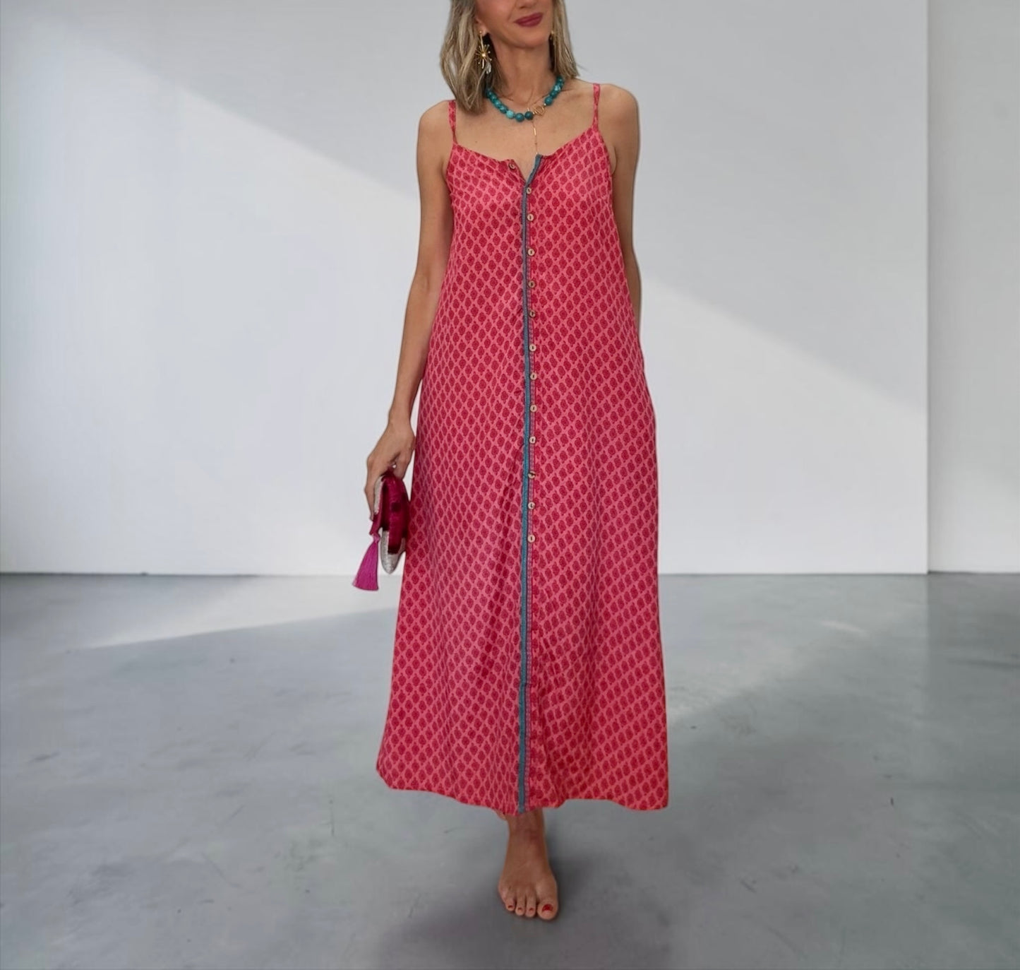 Vestido seda fucsia&turquesa
