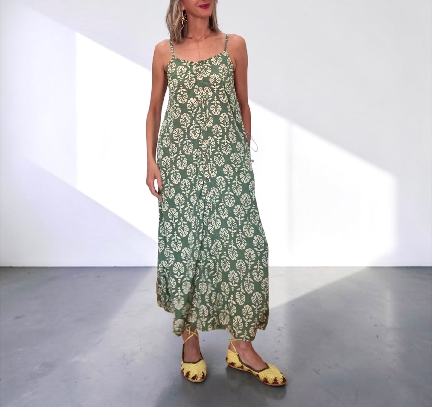 Vestido seda verde&beige
