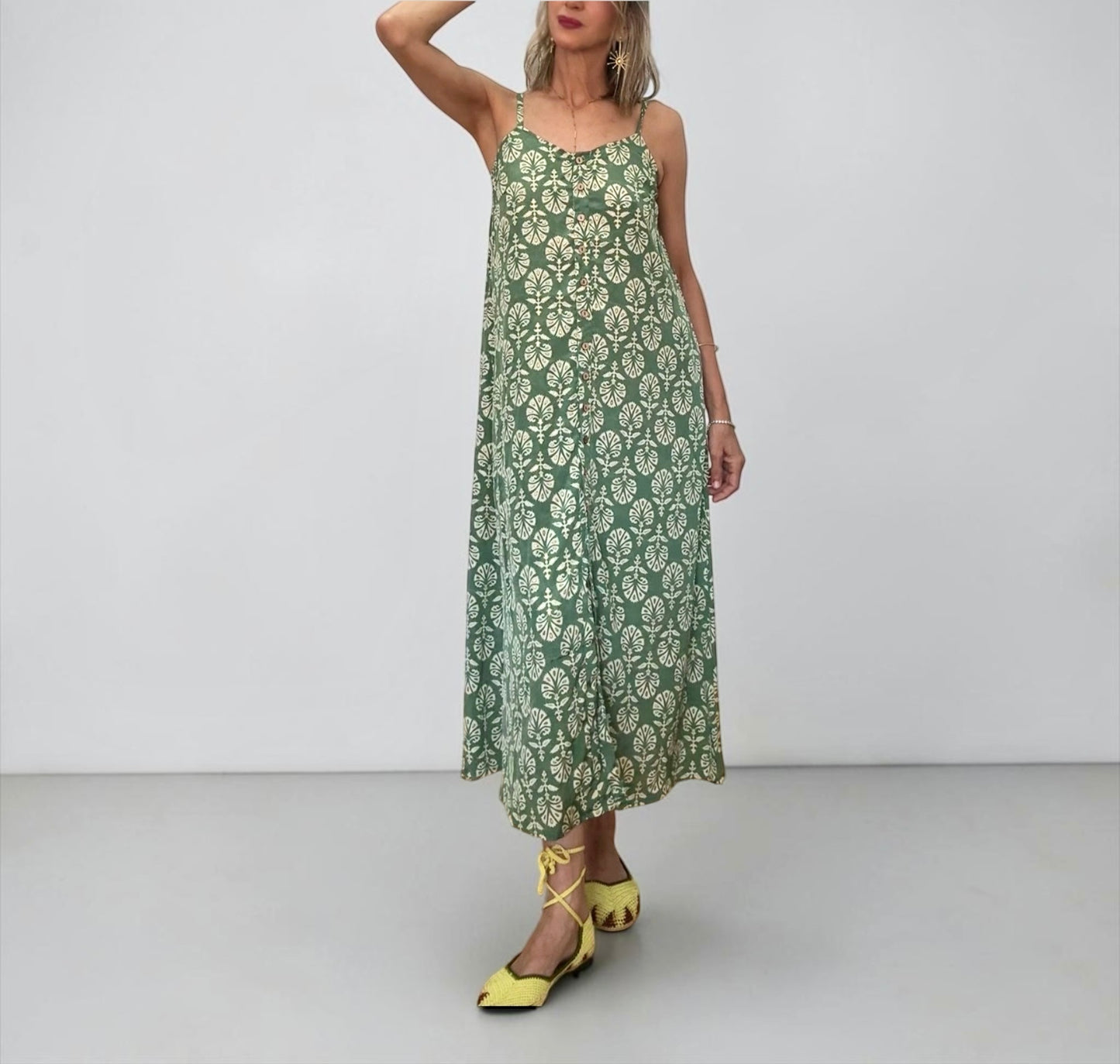 Vestido seda verde&beige