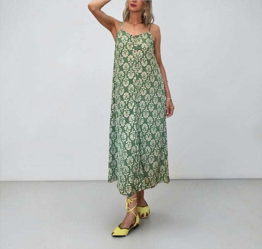 Vestido seda verde&beige