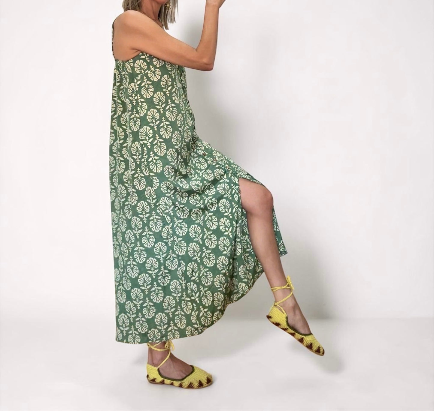 Vestido seda verde&beige