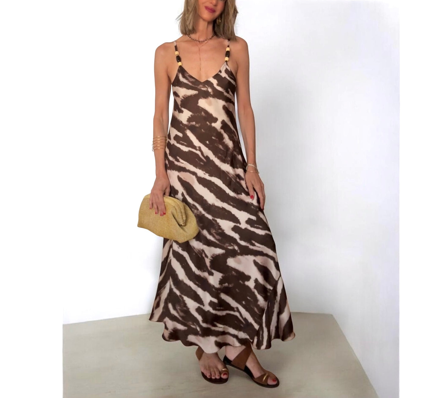 Vestido satinado marrón & beige