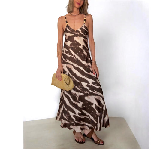 Vestido satinado marrón & beige