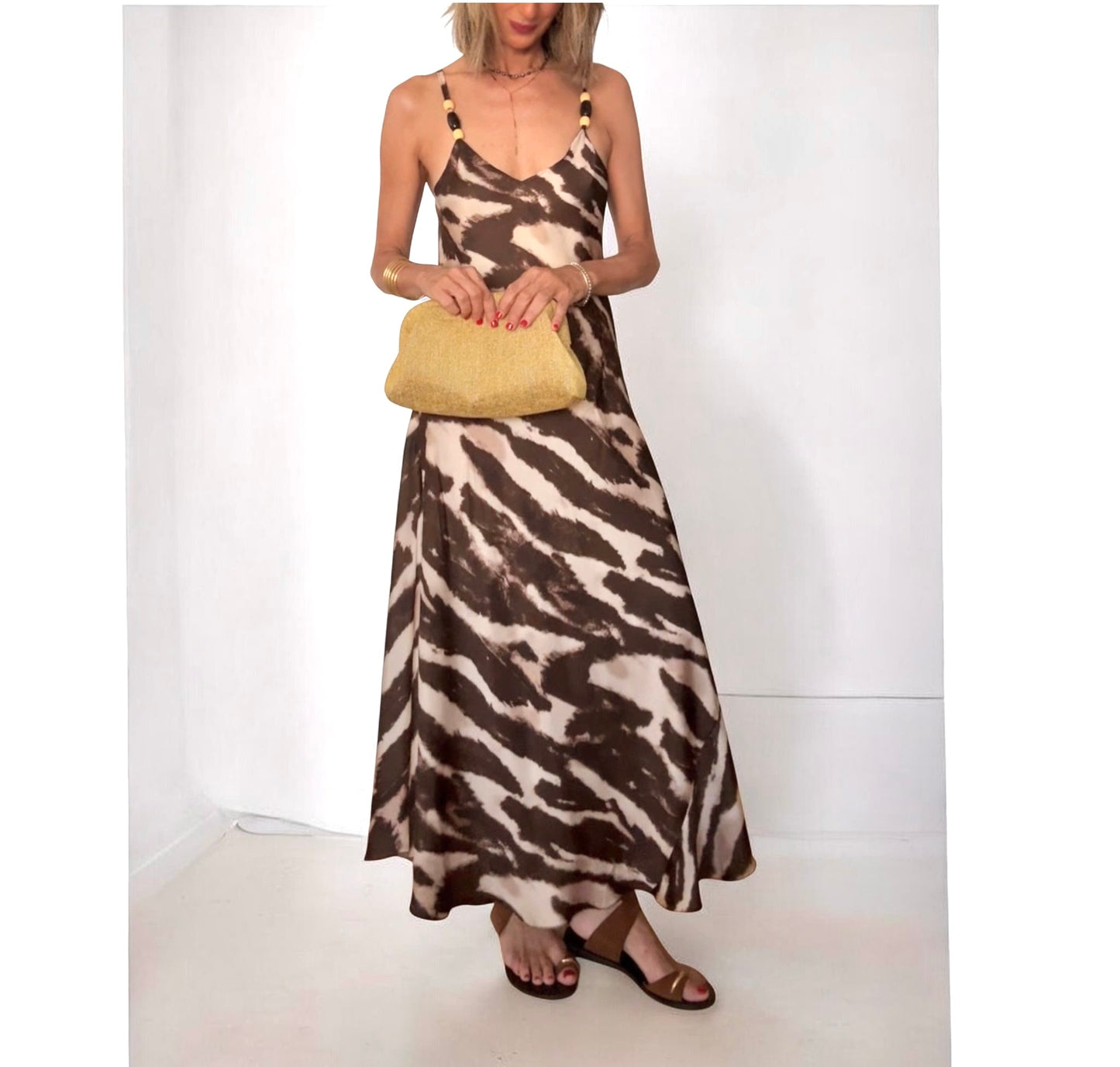 Vestido satinado marrón & beige