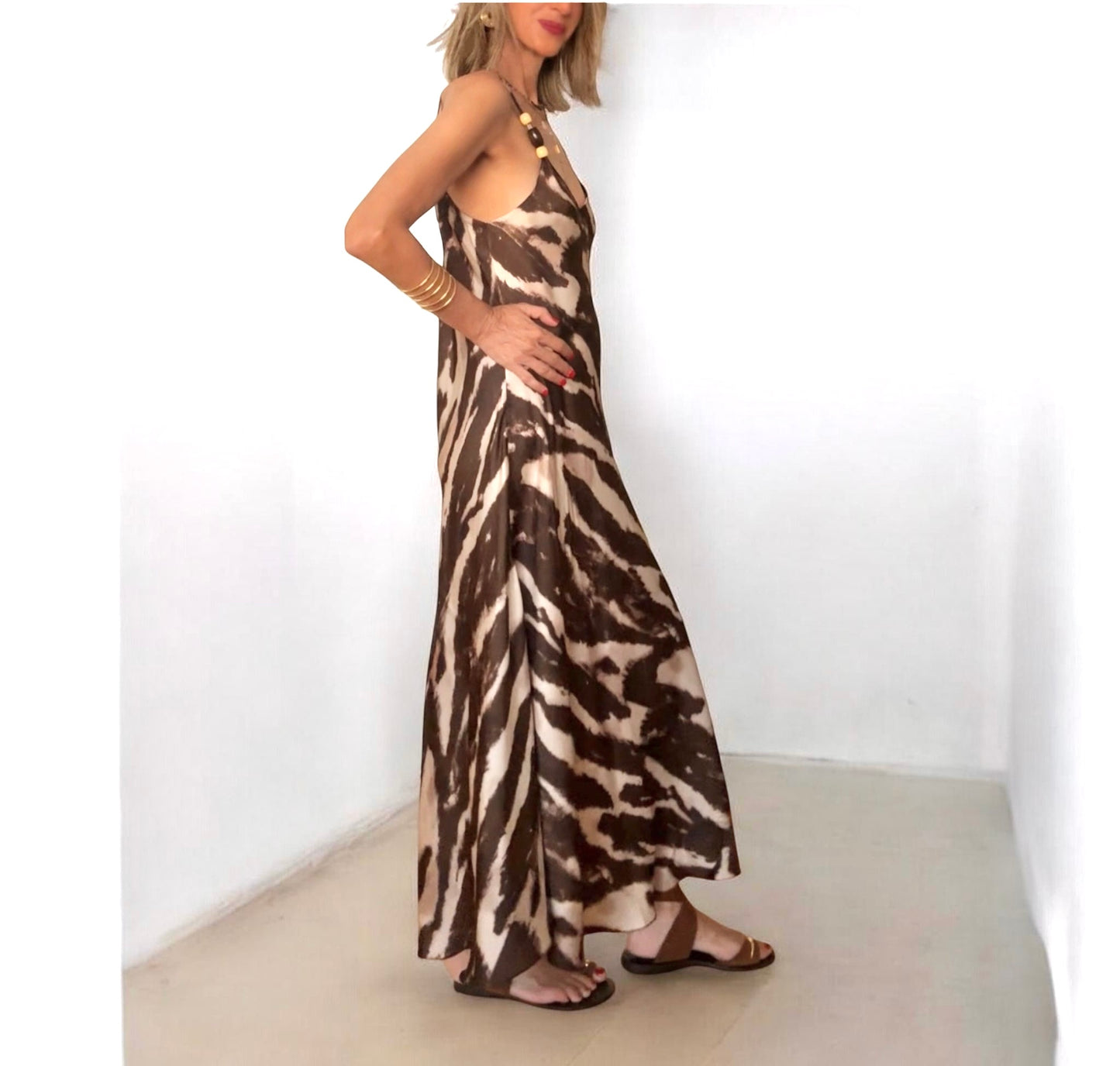 Vestido satinado marrón & beige
